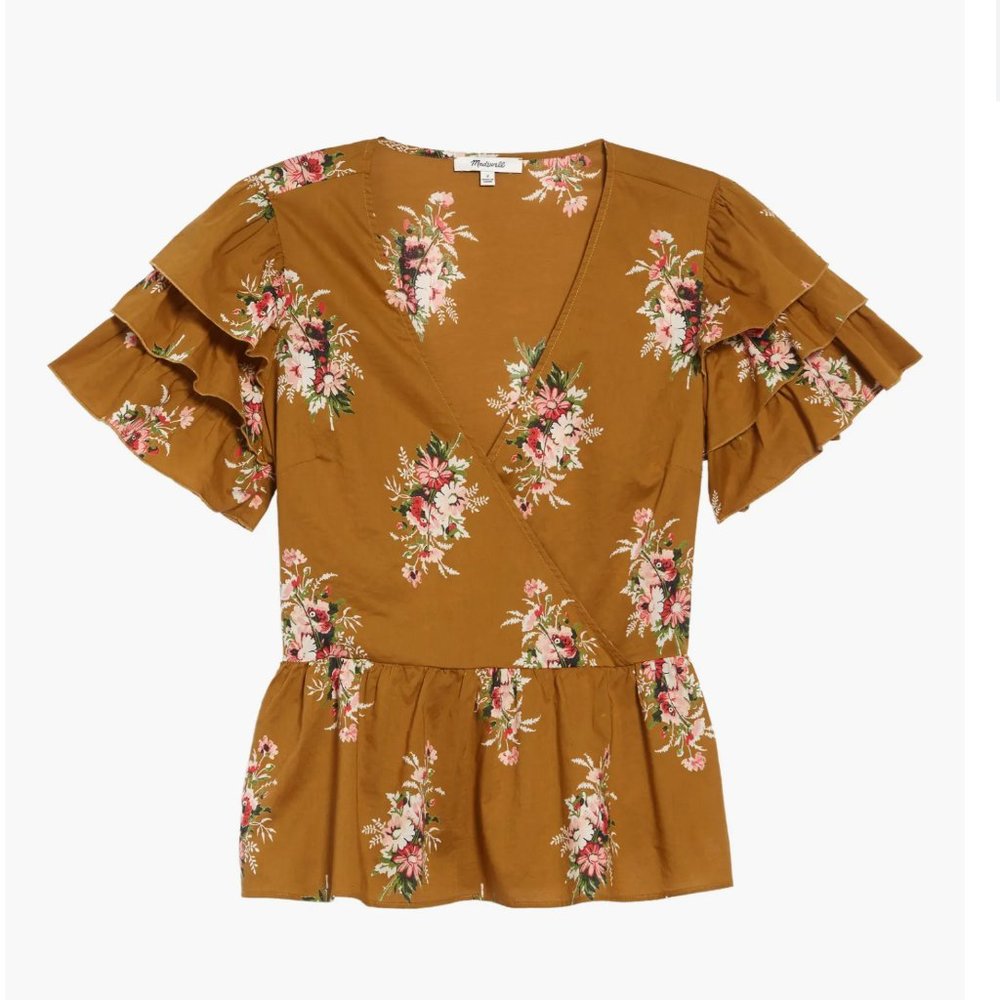 Madewell Floral Mustard Faux Wrap Ruffle Blouse - Size 0